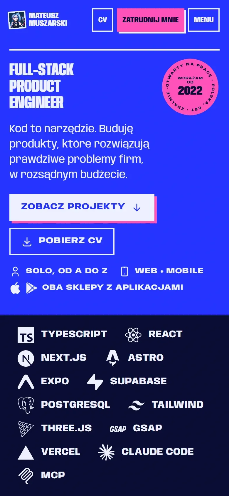 Ta sama strona przy reduced motion: wszystkie narzędzia stoją w zawiniętych wierszach, żadne nie jest ucięte