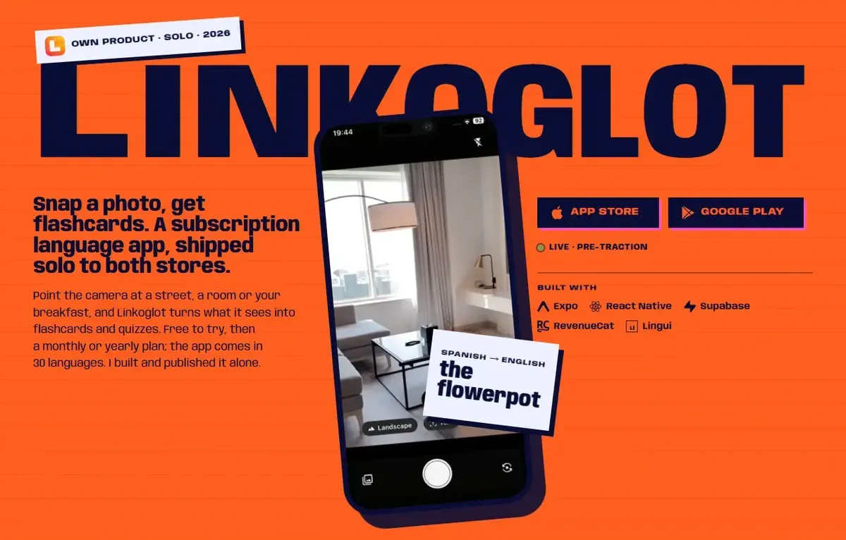 The Linkoglot chapter on my home page: a phone camera pointed at a living room, a flashcard reading the flowerpot, App Store and Google Play buttons