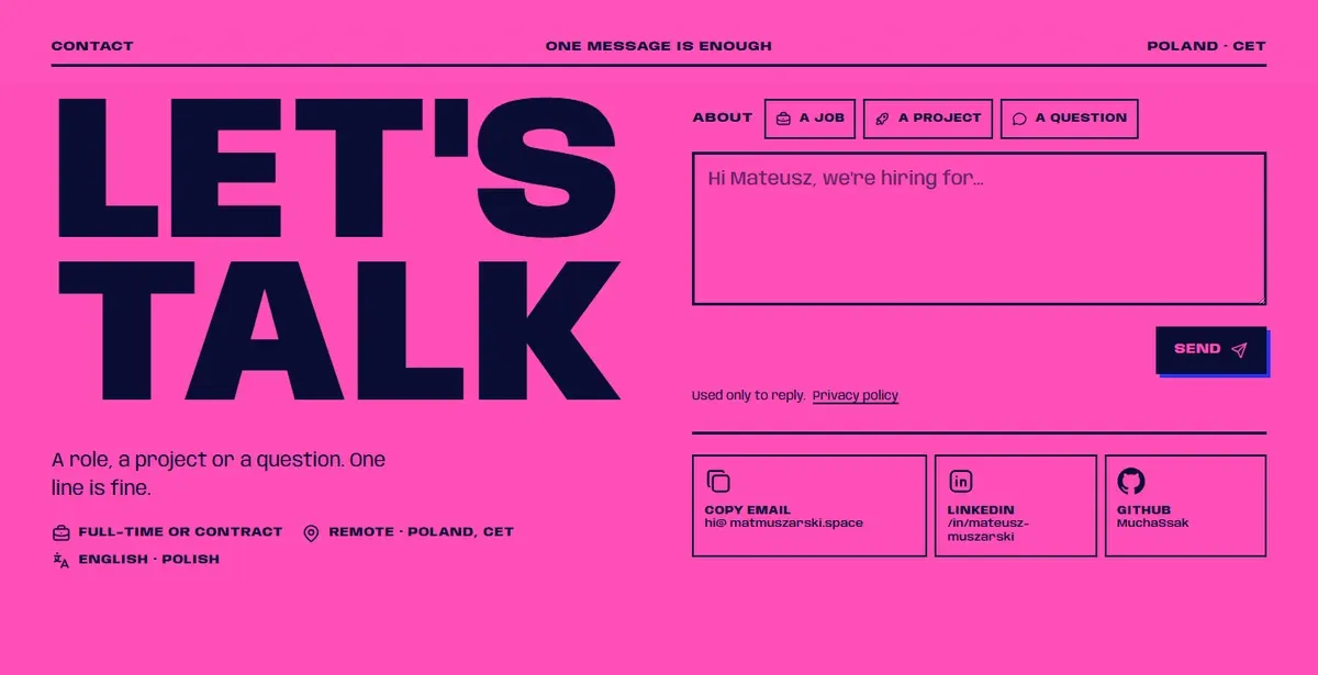 Now: Let's talk, with topic chips, a message box, a Send button and three direct links