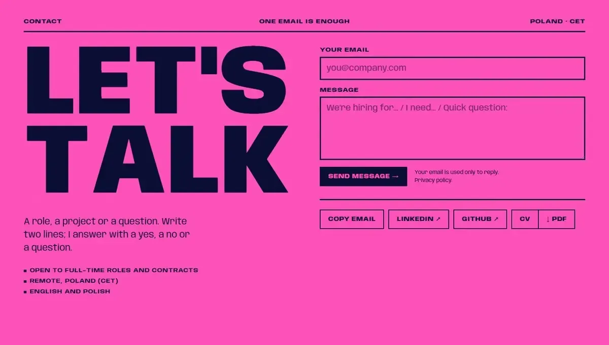 Round 2 of Poster: the contact section, Let's talk in huge capitals on pink