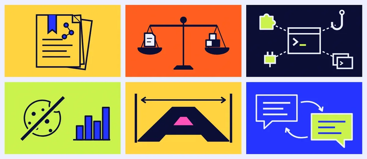 Six new covers: linked wiki pages, a level scale, a terminal wired to helpers, a crossed-out cookie next to bars, one wide letter between two walls, and two swapped speech bubbles