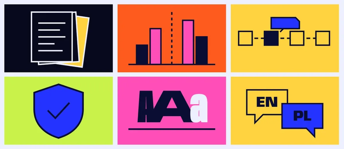 Six old covers: a stack of papers, two bar charts, a row of boxes, a shield, the letters A A a, and EN and PL bubbles