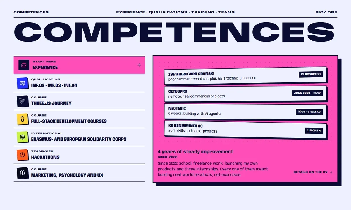 Now: a readable list on the left and the Experience card open on the right, with school and three internships as tickets
