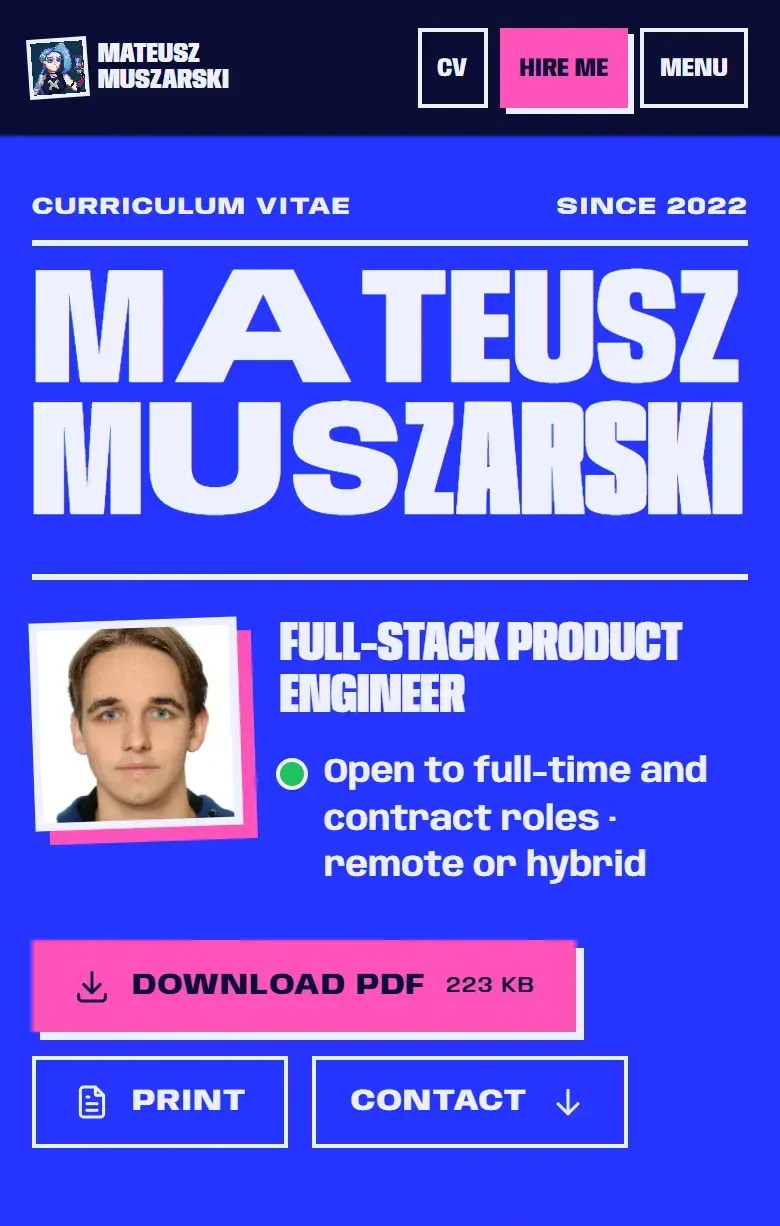 The CV page on a phone: Hire me in the header, an availability line, and a Download PDF button with the file size printed on it