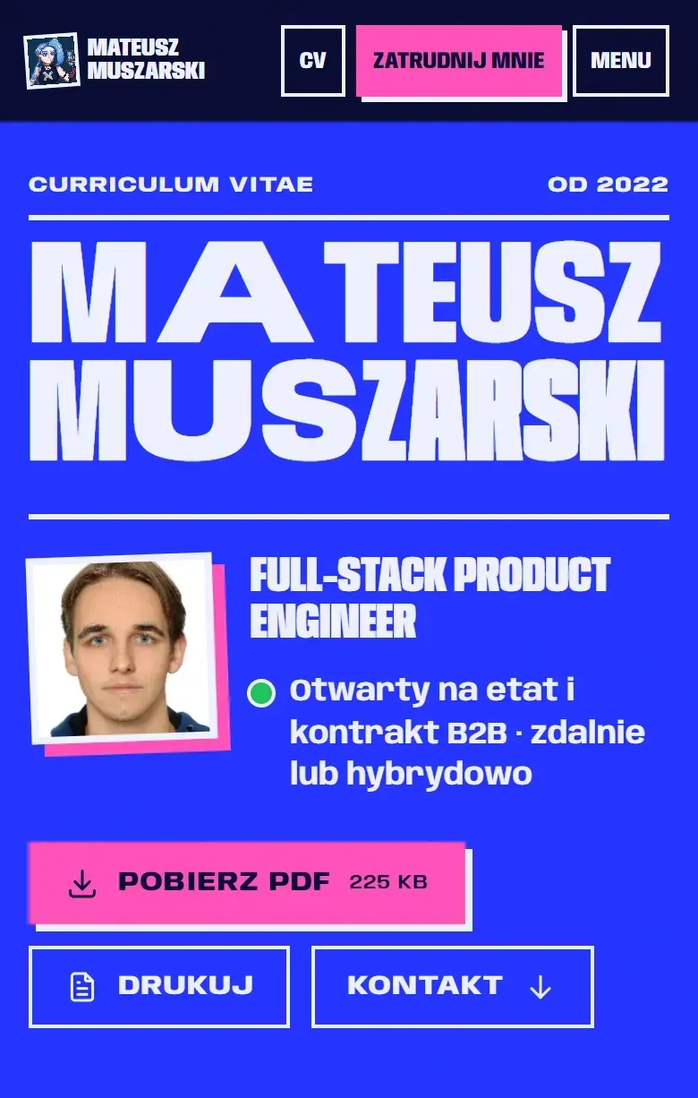 Strona CV na telefonie: Zatrudnij mnie w nagłówku, linijka o dostępności i przycisk Pobierz PDF z wypisanym rozmiarem pliku