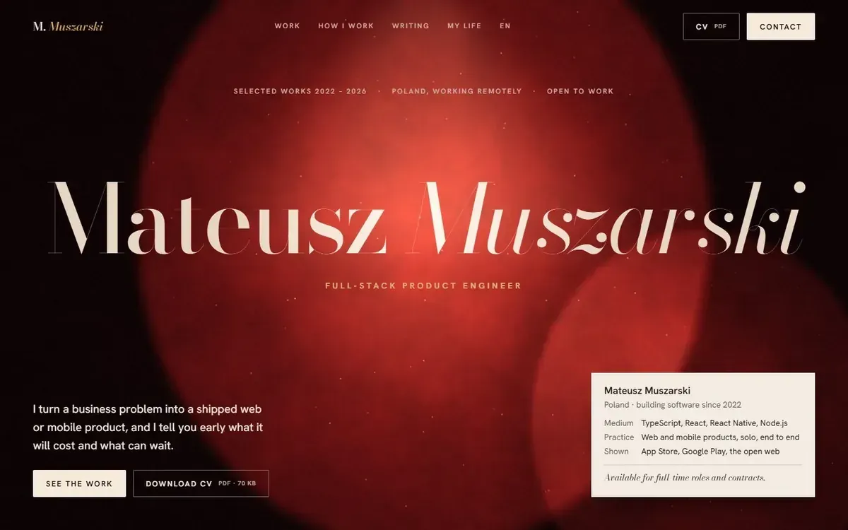 Exhibit: the name in a serif over a dark red glow