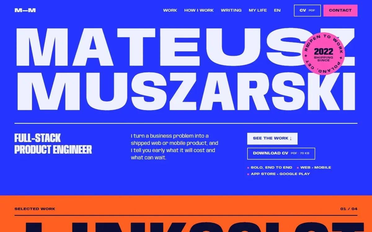 The Poster direction: the name in huge white capitals on cobalt with a pink round sticker