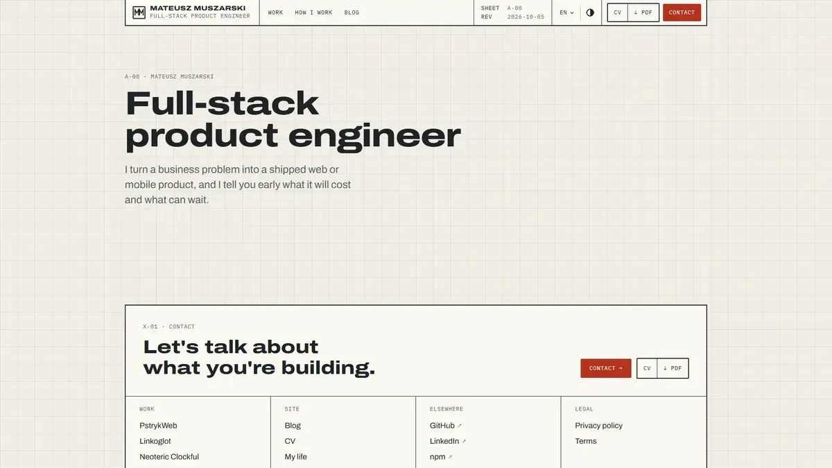 The first design: a pale paper page with a blueprint grid and a small heading