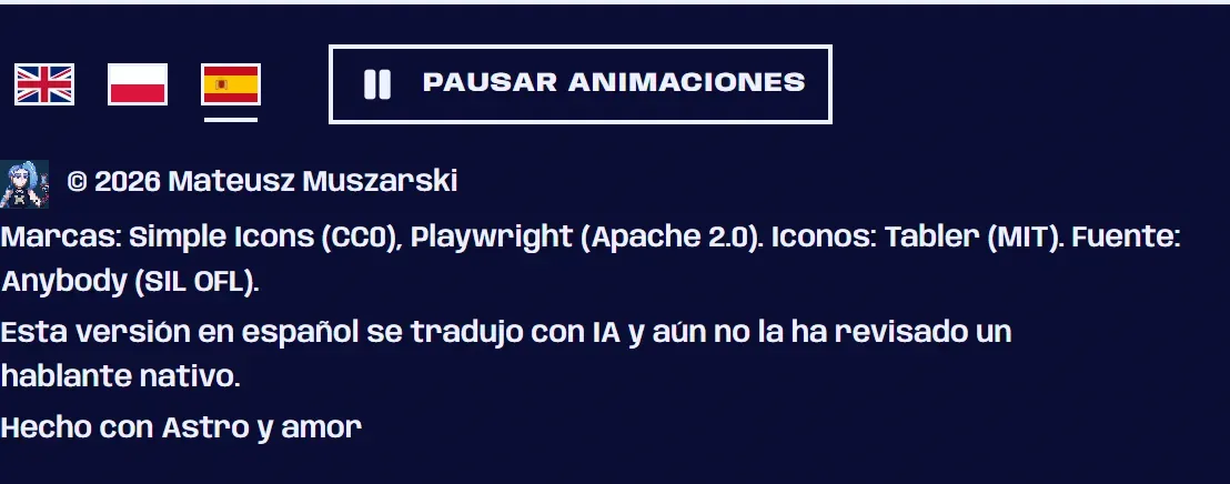 The footer of a Spanish page: three flag buttons for the languages and a line saying the Spanish version was translated with AI and not yet reviewed