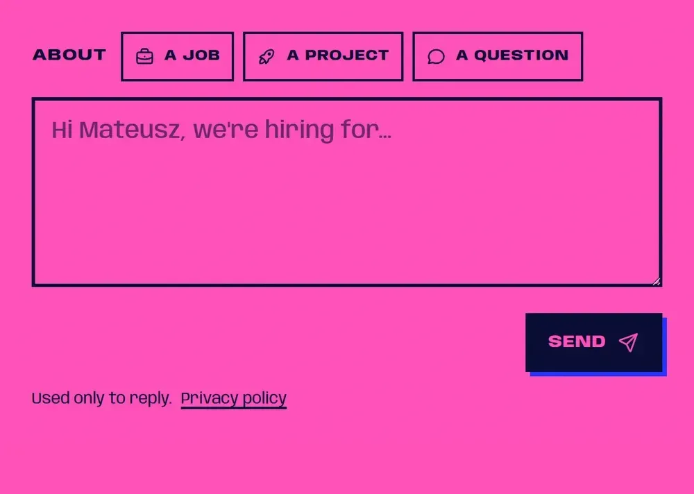 The contact form: three topic chips, one empty text box and a Send button