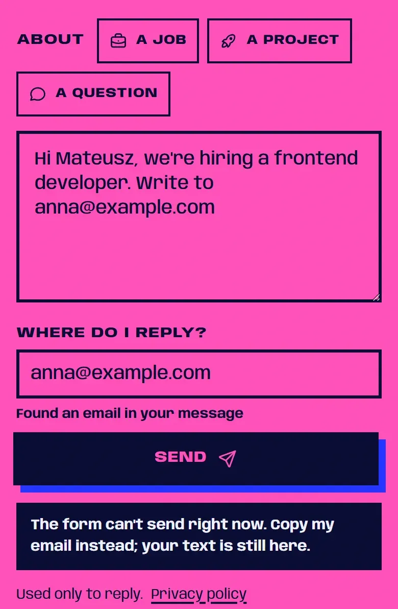 The contact form after a failed send: the message still in the box, an error pointing to my email, and the note Used only to reply