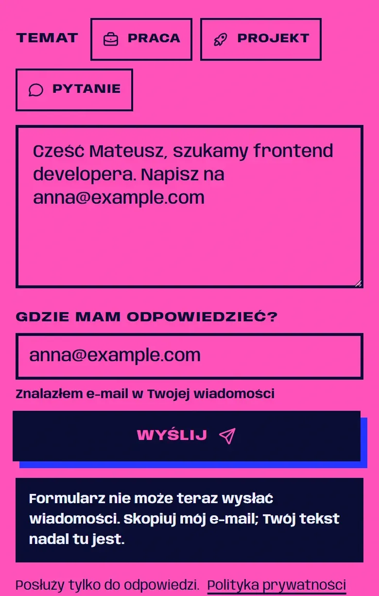 Formularz kontaktowy po nieudanej wysyłce: wiadomość nadal w polu, błąd z odesłaniem do mojego e-maila i dopisek Posłuży tylko do odpowiedzi