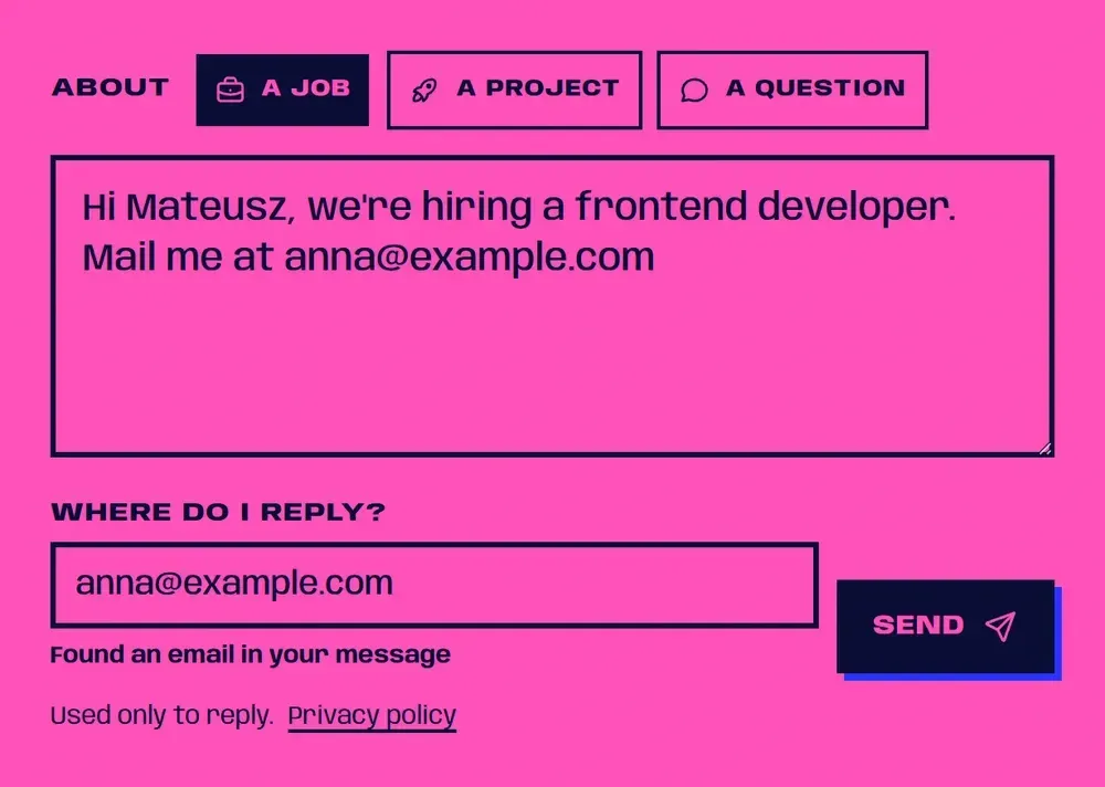 The same form with a message ending in an email address, which now also fills a reply field, with a note that it was found
