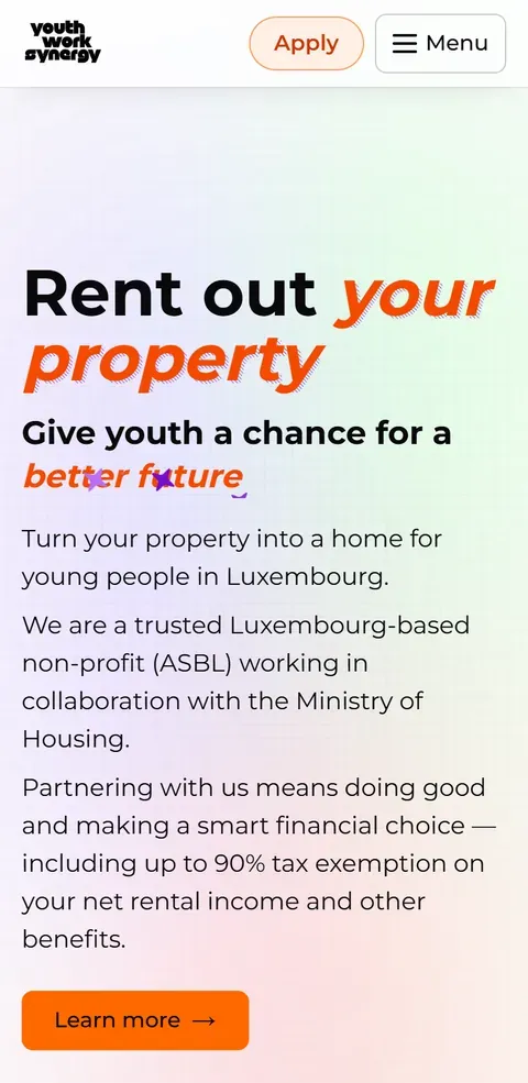 2026 home page on a phone: a light header with an orange Apply button and a Menu button