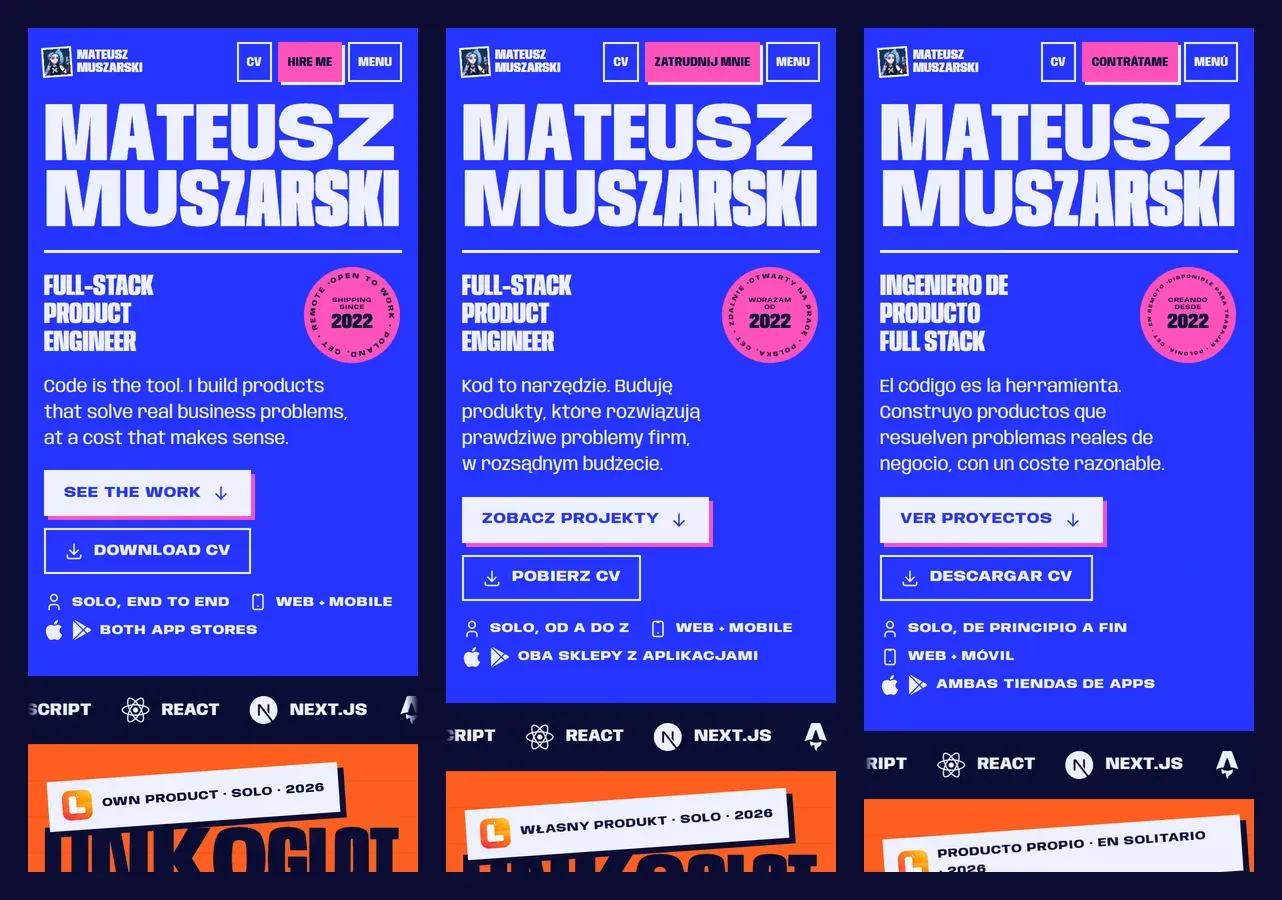 The home page on three phones in English, Polish and Spanish: the same layout with the buttons Hire me, Zatrudnij mnie and Contrátame