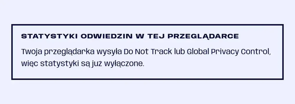 Ta sama ramka, gdy przeglądarka wysyła sygnał prywatności: jedno zdanie, że statystyki są już wyłączone, i brak przycisku
