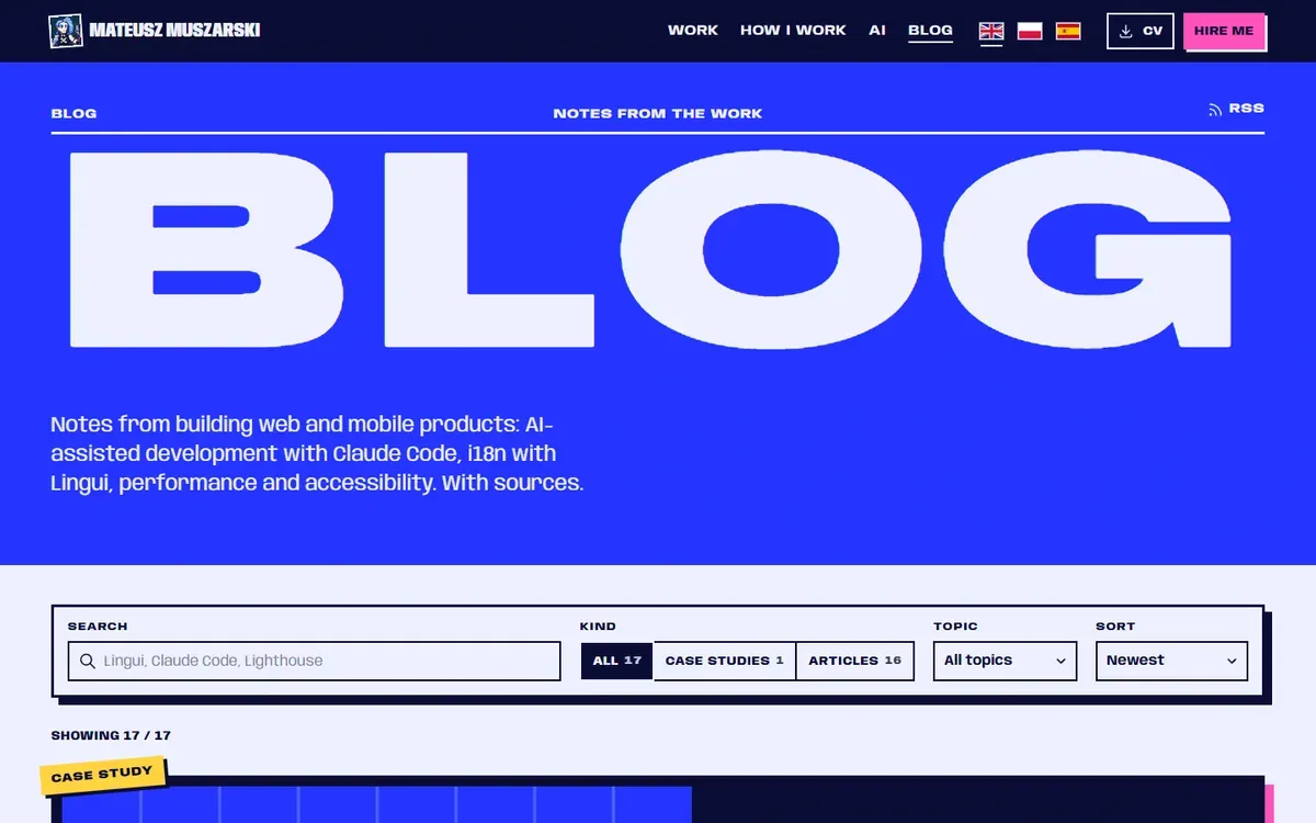 The blog: the word Blog in huge capitals on cobalt above search, kind, topic and sort filters