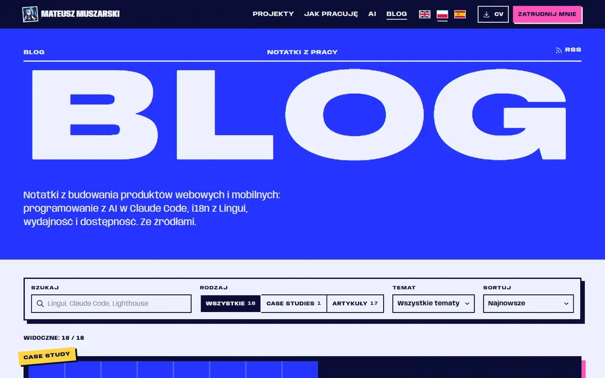 Blog: słowo Blog ogromnymi literami na kobalcie nad wyszukiwarką i filtrami rodzaju, tematu i sortowania
