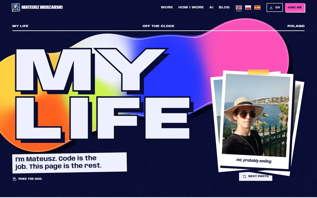 My life: the words My life in huge outlined capitals over a colourful blob, next to a stack of holiday photos