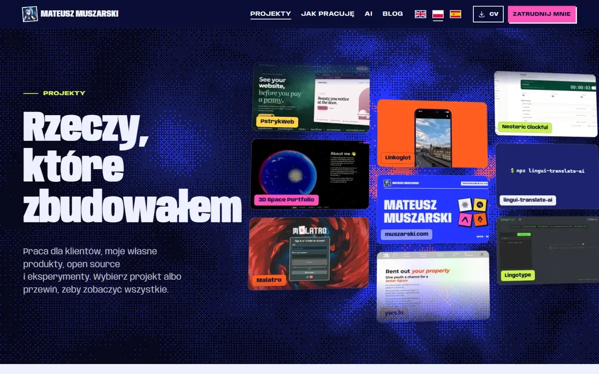 Wszystkie projekty: nagłówek Rzeczy, które zbudowałem obok przechylonej ściany kafelków z projektami na tle zrastrowanej niebiesko-różowej poświaty