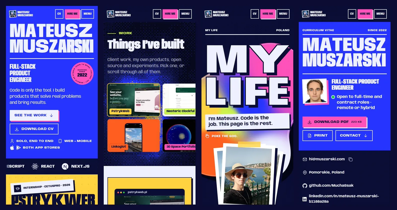 Four phone screens side by side: the home page, All projects, My life and the CV