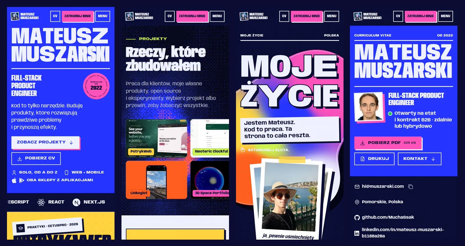 Cztery ekrany telefonu obok siebie: strona główna, Wszystkie projekty, Moje życie i CV