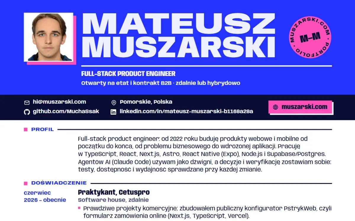 Góra pierwszej strony polskiego PDF-a: kobaltowy pas ze zdjęciem i nazwiskiem, granatowy pasek kontaktu, potem Profil i pierwsza praca z datą po lewej