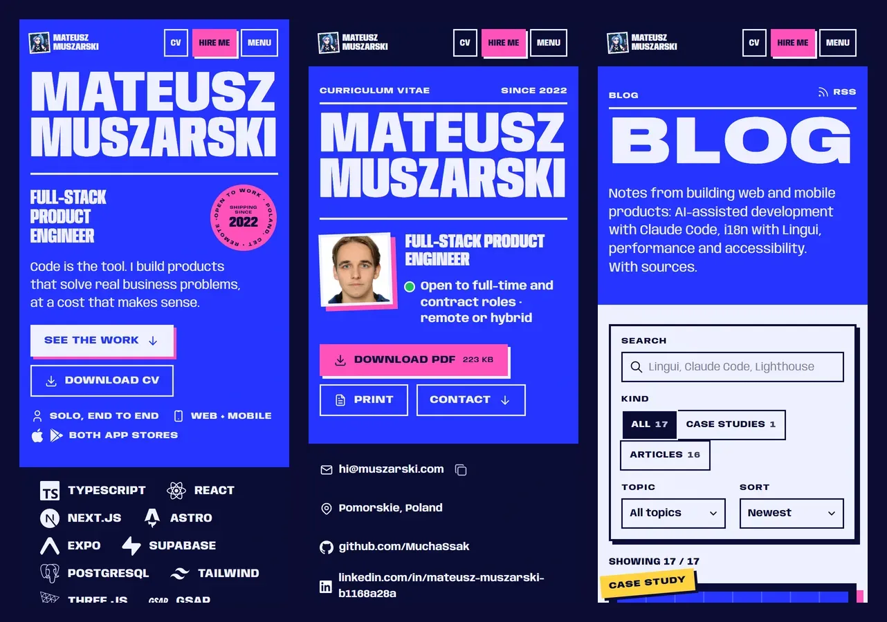 Three phone screens: the home page and the CV page with the name in tall, condensed capitals, and the blog index with BLOG set wide