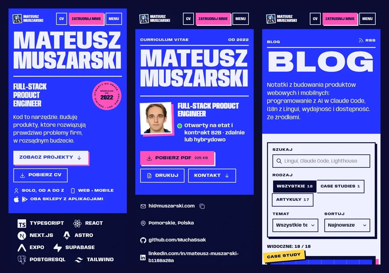 Trzy ekrany telefonu: strona główna i CV z imieniem i nazwiskiem w wysokich, zwężonych wersalikach oraz lista wpisów z szeroko złożonym słowem BLOG