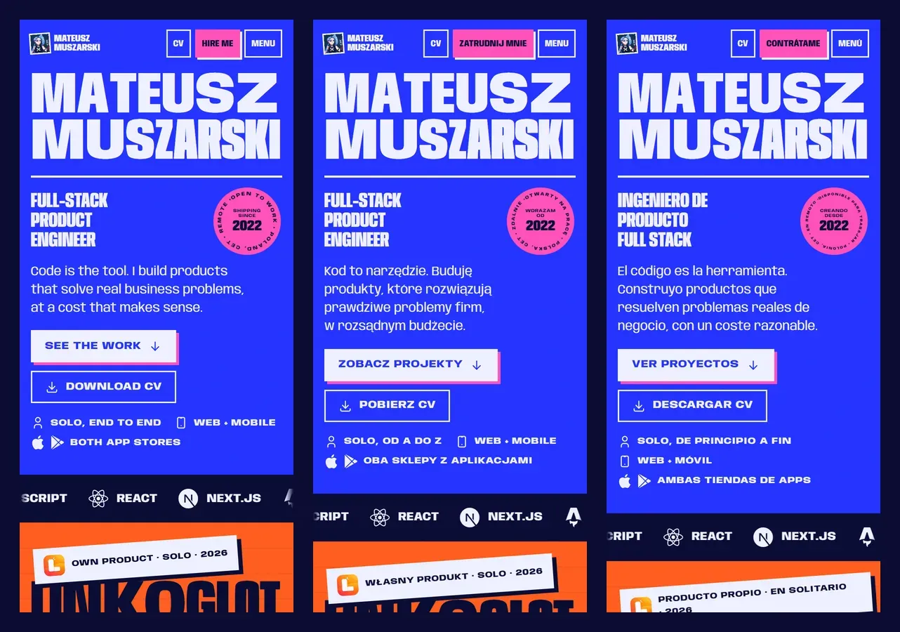 The home page on three phones in English, Polish and Spanish: the same layout, with the Spanish lines running longest