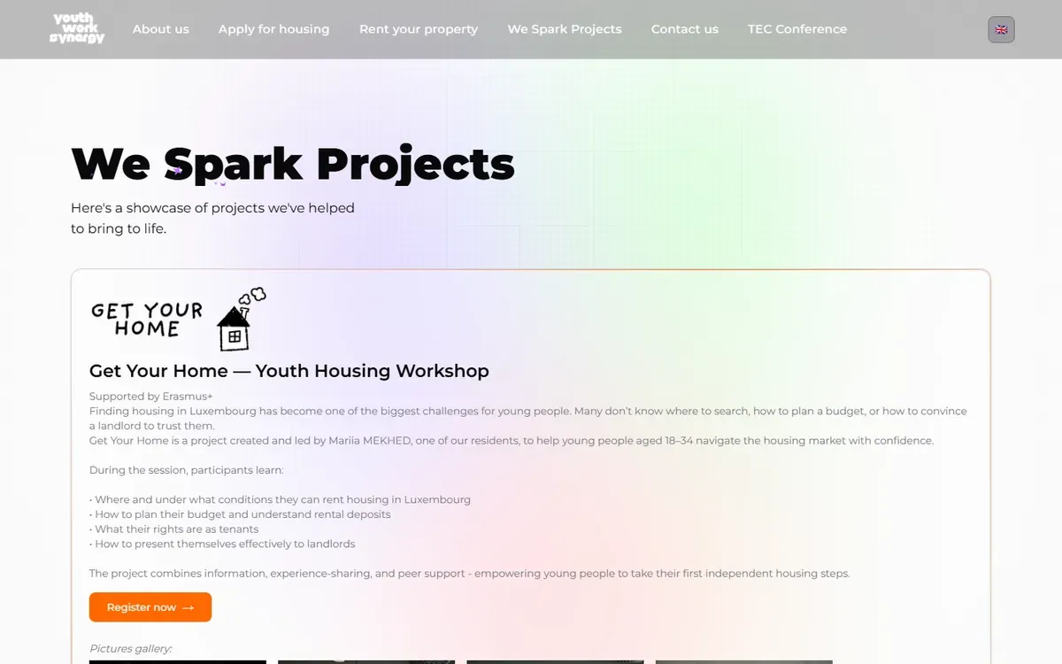 2025: the We Spark Projects page at desktop width, one wide card with a long paragraph