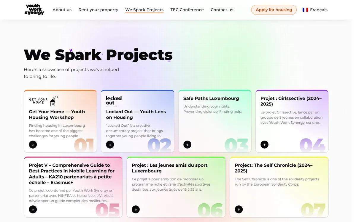 2026: the same page with seven numbered tiles, each in its project's colour