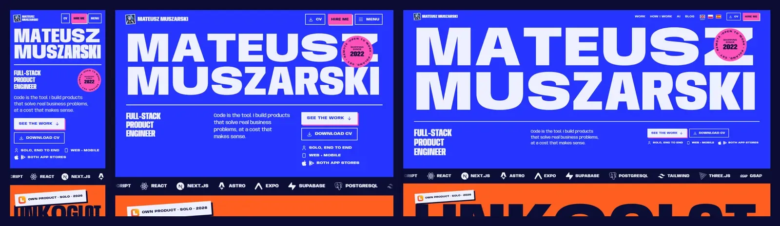 The home page at three widths side by side: a phone, a tablet and a wide desktop, each with the name filling the width