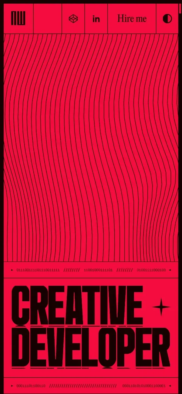 Antoine Wodniack's portfolio on a phone: red wavy lines, the words Creative Developer and a Hire me button in the header