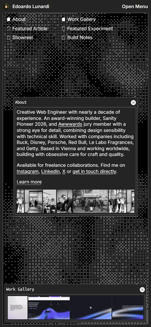 Edoardo Lunardi's portfolio on a phone: desktop-style windows with an About text, links and a work gallery