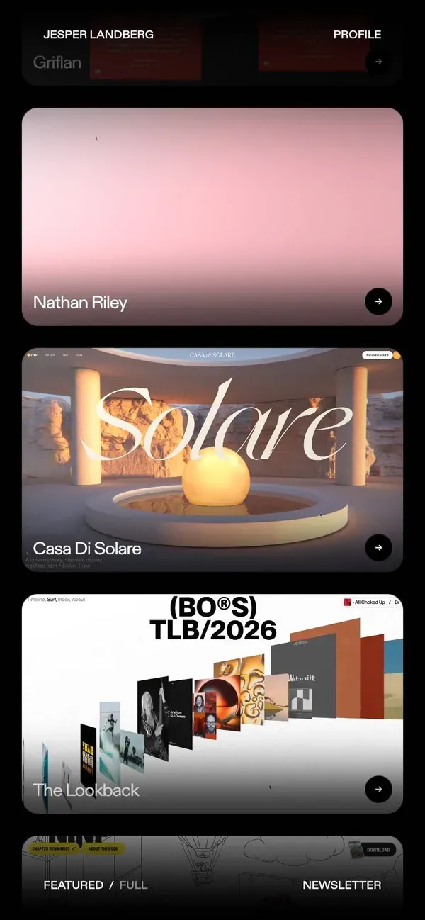Jesper Landberg's portfolio on a phone: a vertical list of project cards