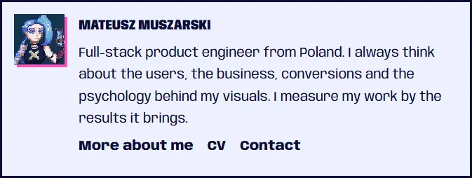 The author box under a post: my avatar, my name, a one-line bio and links to More about me, the CV and Contact