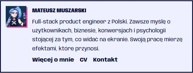 Ramka o autorze pod wpisem: mój awatar, imię i nazwisko, krótkie bio i linki Więcej o mnie, CV i Kontakt