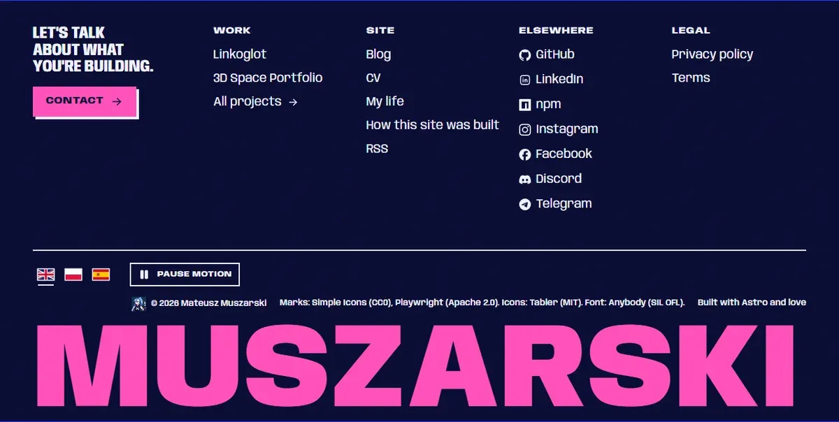 The site footer: columns for Work, Site with Blog, CV, My life and RSS, Elsewhere with my profiles, the legal pages and a Pause motion button