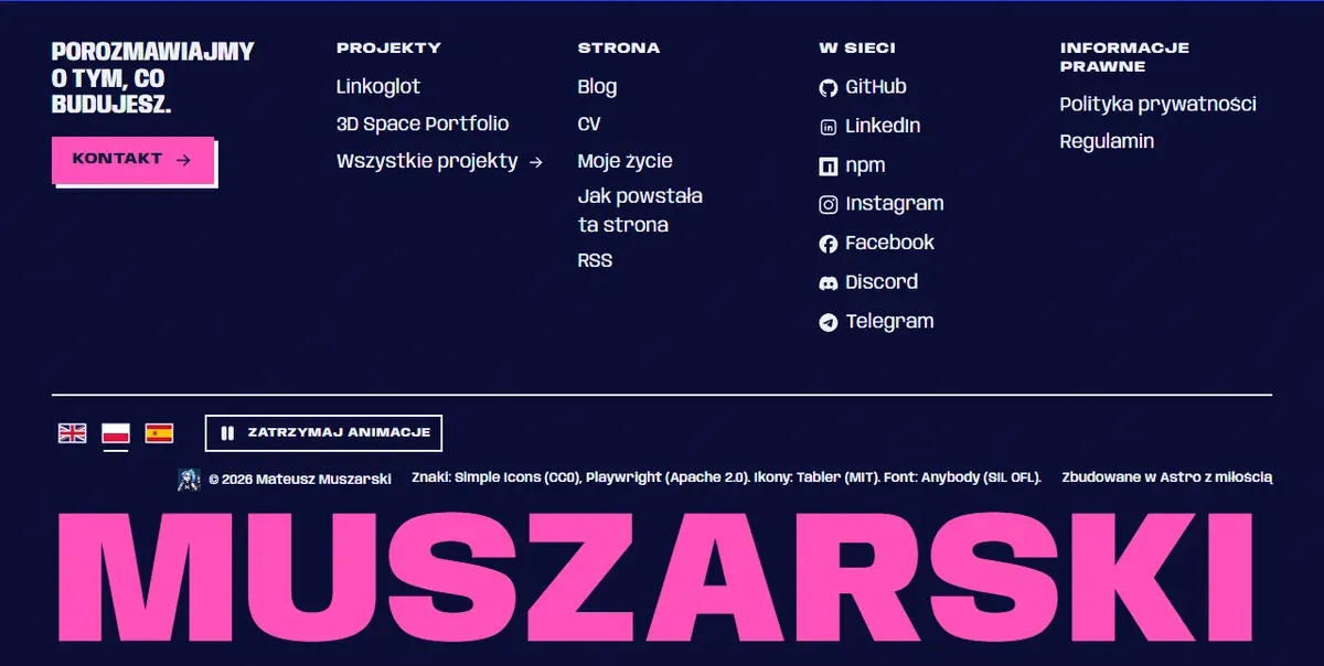Stopka strony: kolumny Projekty, Strona z blogiem, CV, Moim życiem i RSS, Gdzie indziej z moimi profilami, strony prawne i przycisk zatrzymania animacji