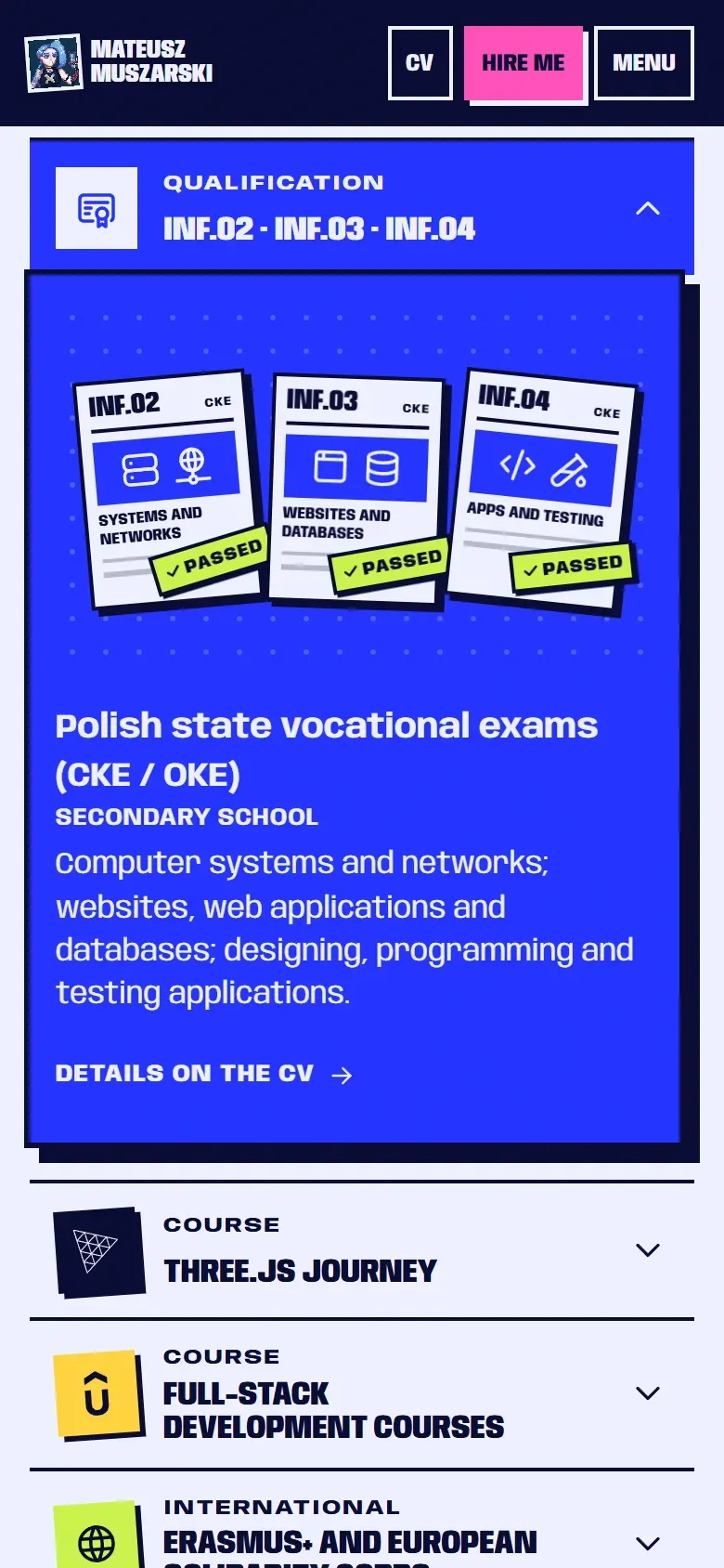 The Competences section on a phone: a tapped row, the vocational exams, open as an accordion with its drawn exam sheets