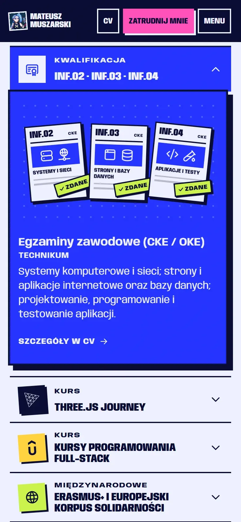 Sekcja Kompetencje na telefonie: stuknięty wiersz z egzaminami zawodowymi otwarty jak akordeon, z rysunkiem arkuszy