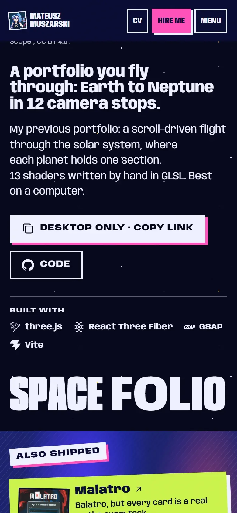 The space portfolio chapter on a phone: the main button reads Desktop only, copy link