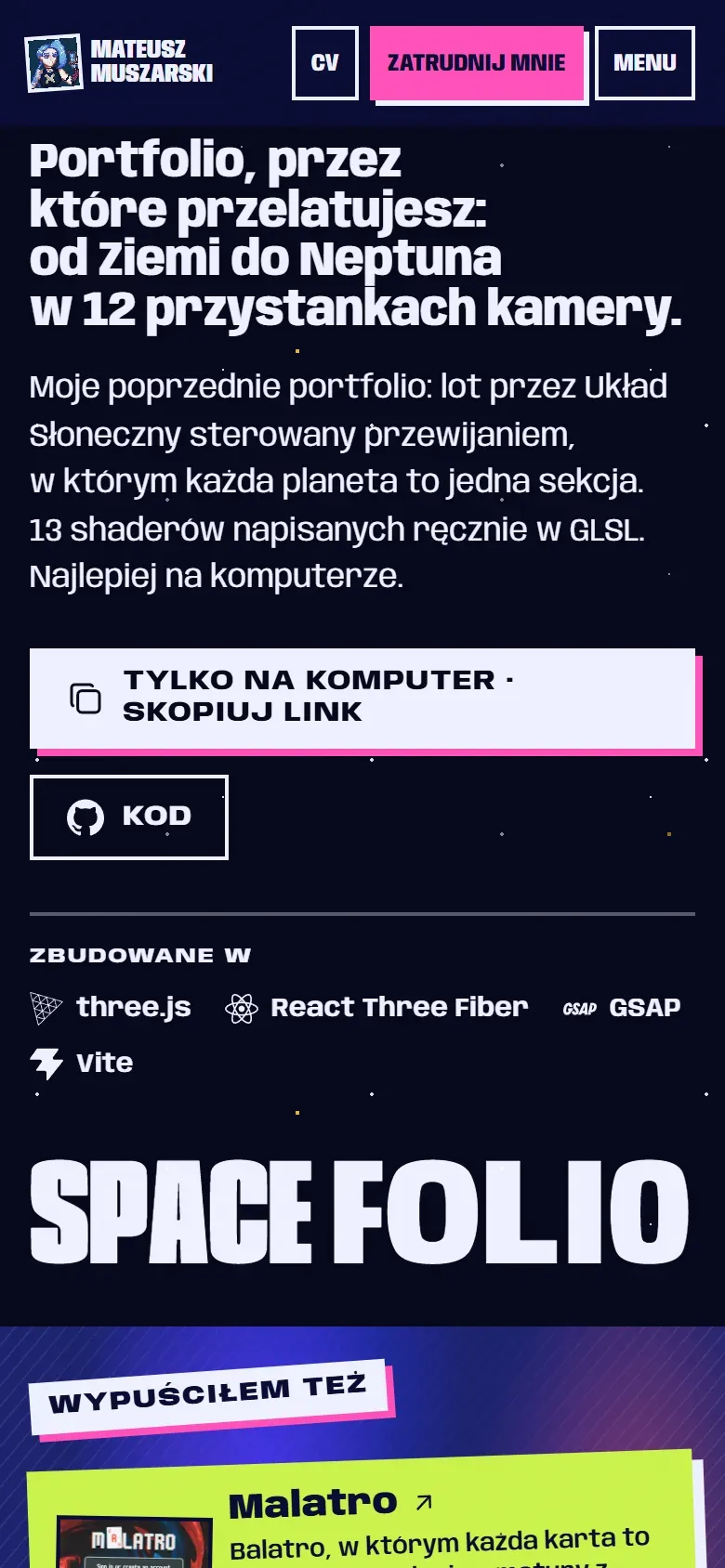 Rozdział o portfolio w kosmosie na telefonie: główny przycisk mówi „Tylko na komputer · skopiuj link”