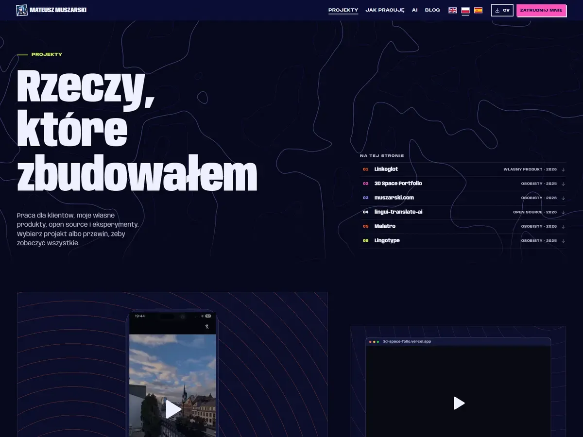 Nocna wersja: nagłówek Rzeczy, które zbudowałem na tle poziomic, po prawej ponumerowana lista projektów, niżej plansze projektów przesunięte raz w lewo, raz w prawo