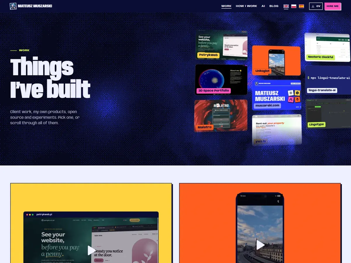 Now: the heading Things I've built next to a tilted wall of project tiles over a dithered blue and pink glow, above a grid of project cards on a light background
