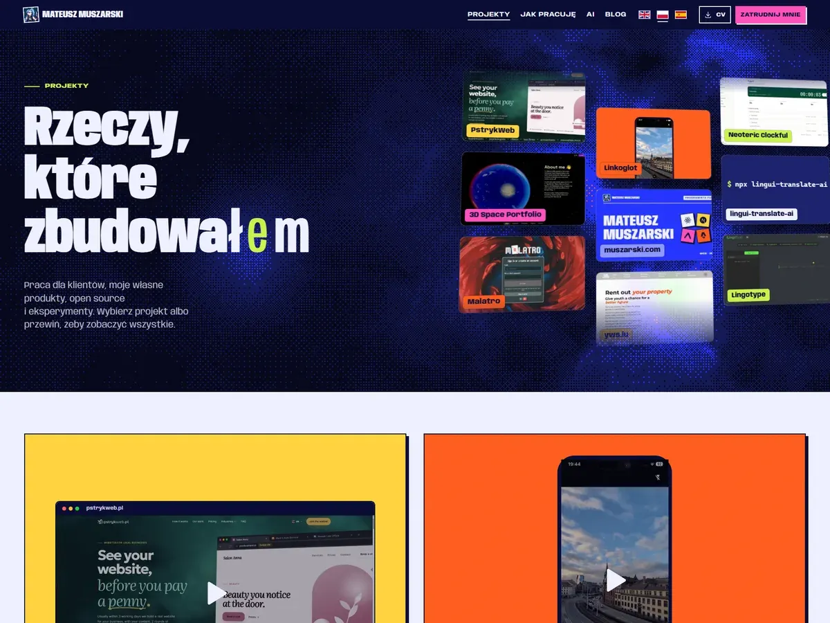 Teraz: nagłówek Rzeczy, które zbudowałem obok przechylonej ściany kafelków z projektami na tle zrastrowanej niebiesko-różowej poświaty, pod spodem siatka kart projektów na jasnym tle