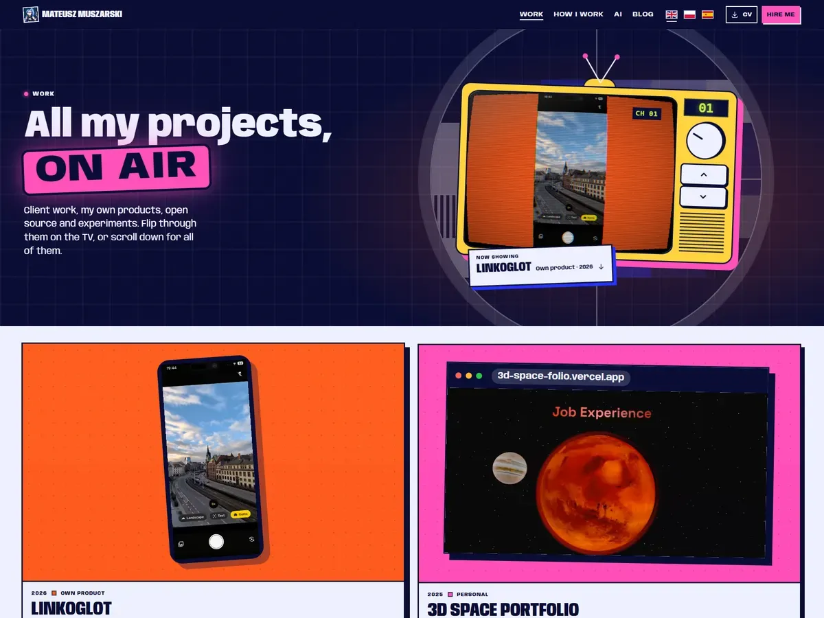The TV version: the heading All my projects, ON AIR, next to a yellow retro TV showing Linkoglot, above project cards in bright colours