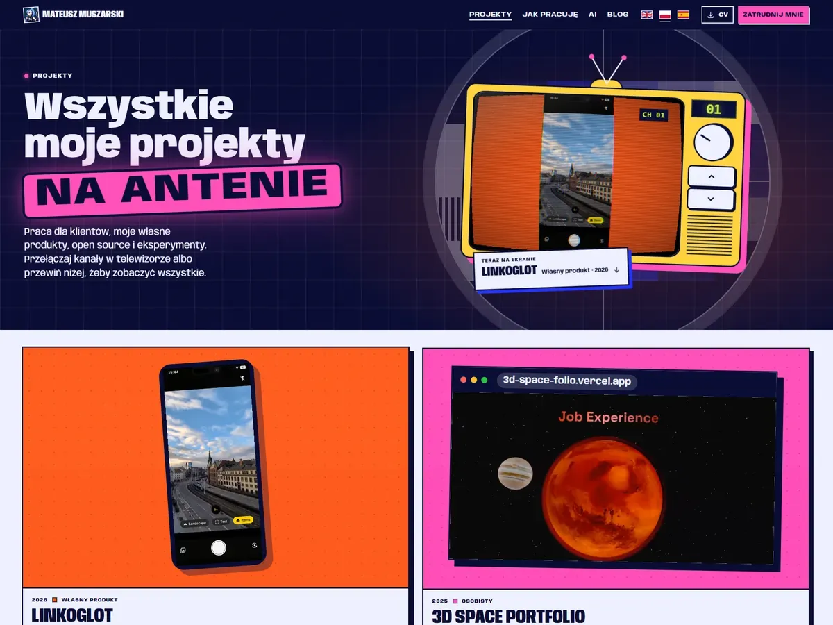 Wersja z telewizorem: nagłówek Wszystkie moje projekty NA ANTENIE obok żółtego telewizora retro z Linkoglotem, pod spodem karty projektów w jaskrawych kolorach